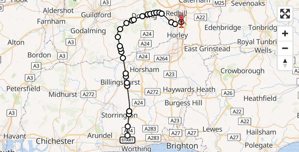 Flight route Air Ambulance Helicopter Worthing - Redhill Aerodrome, 23 June 2026, 20:42