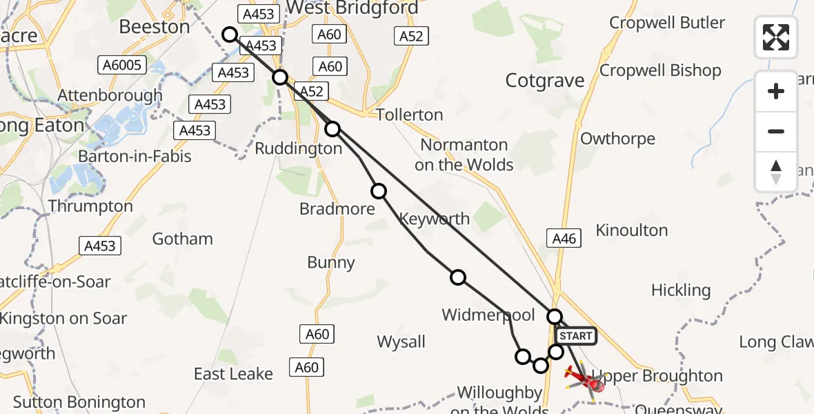 Flight route Air Ambulance Helicopter Hickling - Rushcliffe, 23 June 2026, 20:44