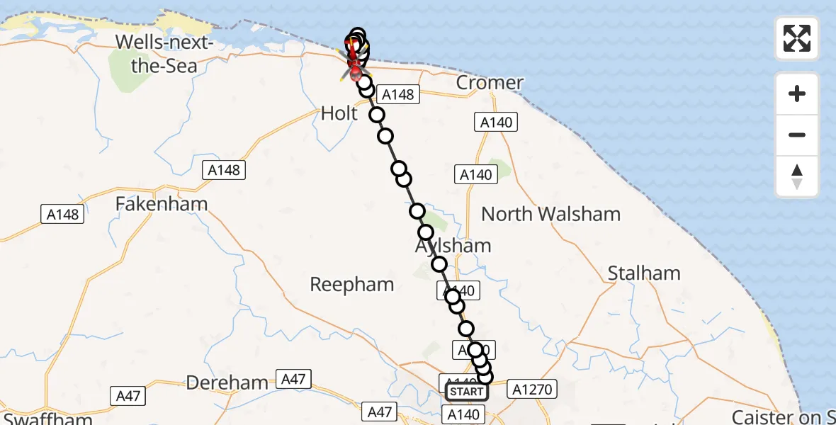 Flight route Air Ambulance Helicopter Norwich Airport - North Norfolk, 23 June 2026, 20:50