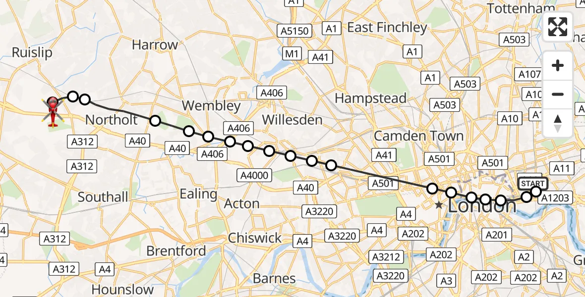Flight route Air Ambulance Helicopter Royal London Hospital - RAF Northolt, 23 June 2026, 21:04