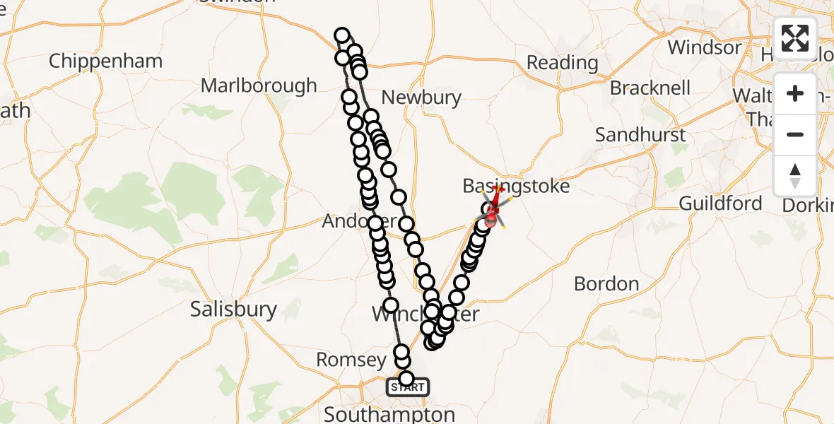 Flight route Air Ambulance Helicopter Southampton Airport - Basingstoke, 23 June 2026, 21:09