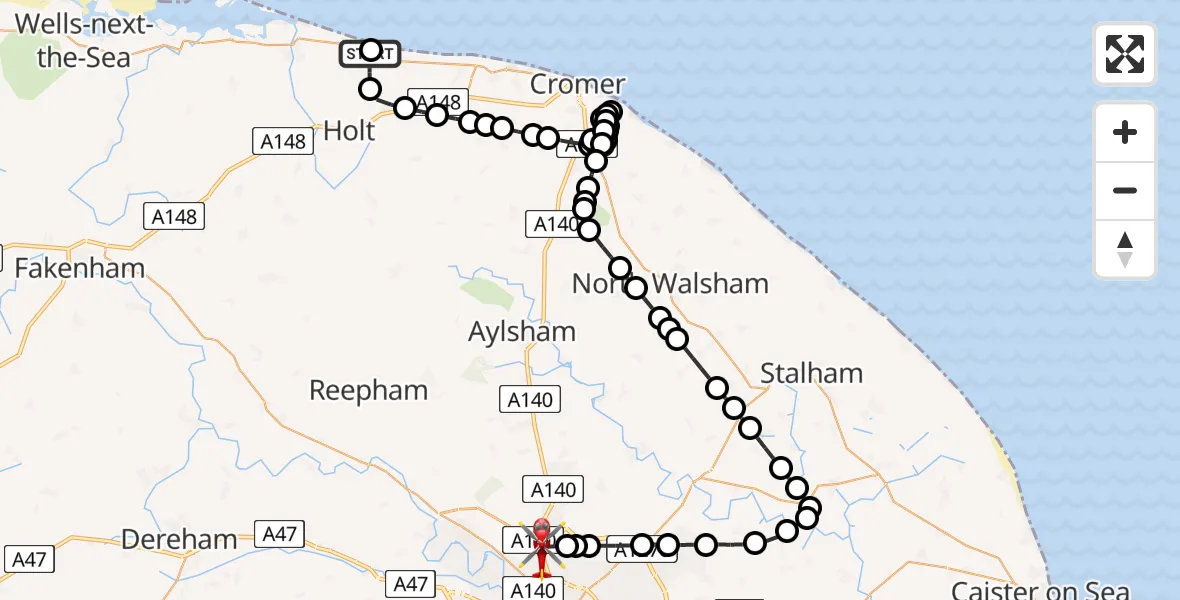 Flight route Air Ambulance Helicopter Salthouse - Norwich Airport, 23 June 2026, 21:16