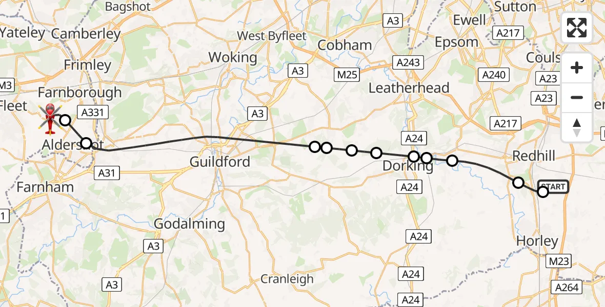 Flight route Air Ambulance Helicopter Redhill Aerodrome - Farnborough Airport, 23 June 2026, 21:35