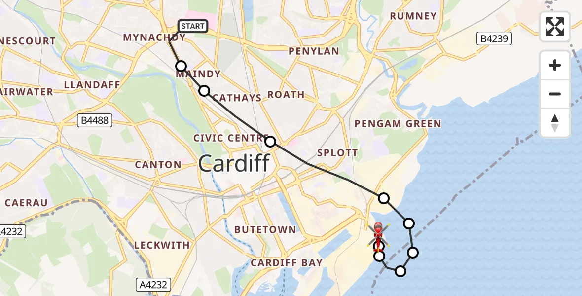 Flight route Air Ambulance Helicopter Birchgrove - Cardiff Heliport, 23 June 2026, 21:58