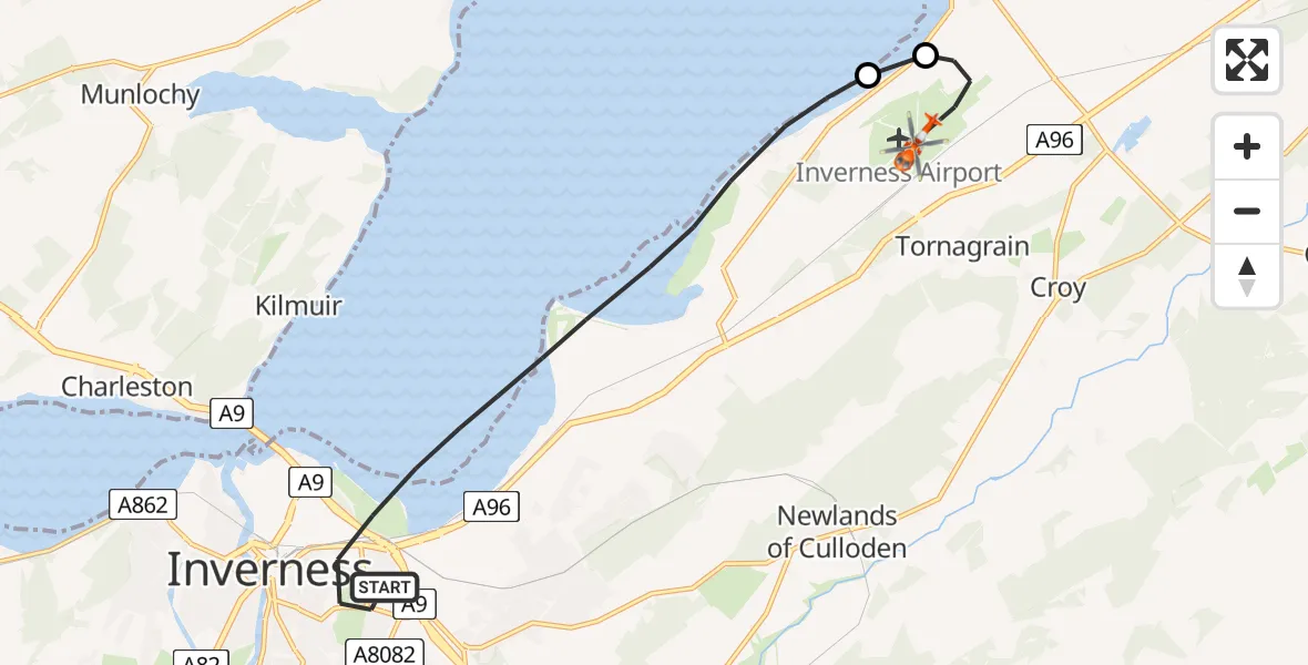 Flight route Coastguard Helicopter Inverness - Inverness Airport, 23 June 2026, 22:35