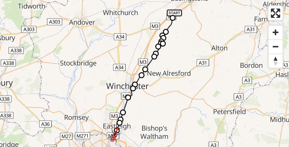 Flight route Air Ambulance Helicopter Basingstoke - Southampton Airport, 23 June 2026, 22:52