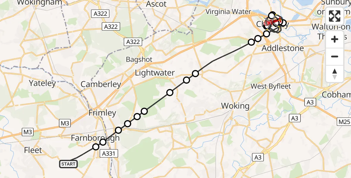 Flight route Air Ambulance Helicopter Farnborough Airport - Thorpe, 23 June 2026, 22:54