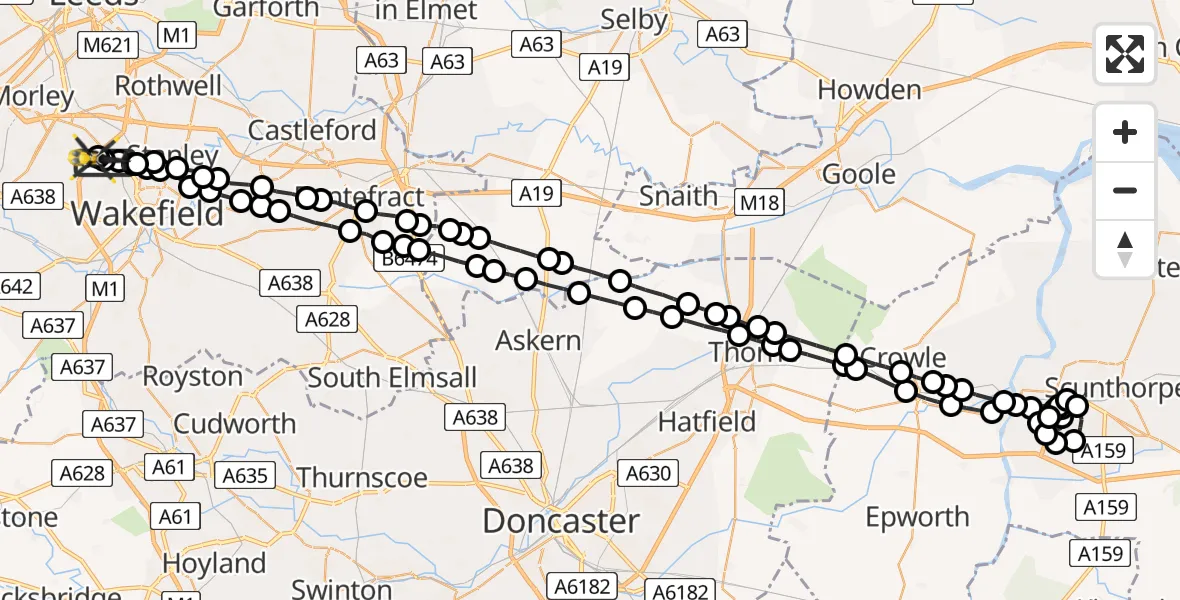 Flight route Police Helicopter Brandy Carr - East Ardsley, 23 June 2026, 23:13
