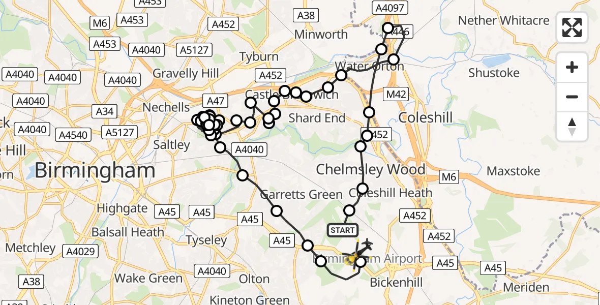 Flight route Police Helicopter Birmingham Airport - Solihull, 23 June 2026, 23:51