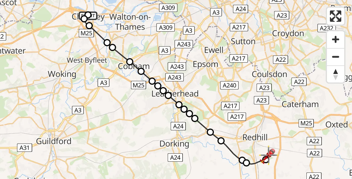 Flight route Air Ambulance Helicopter Chertsey - Redhill Aerodrome, 23 June 2026, 23:55