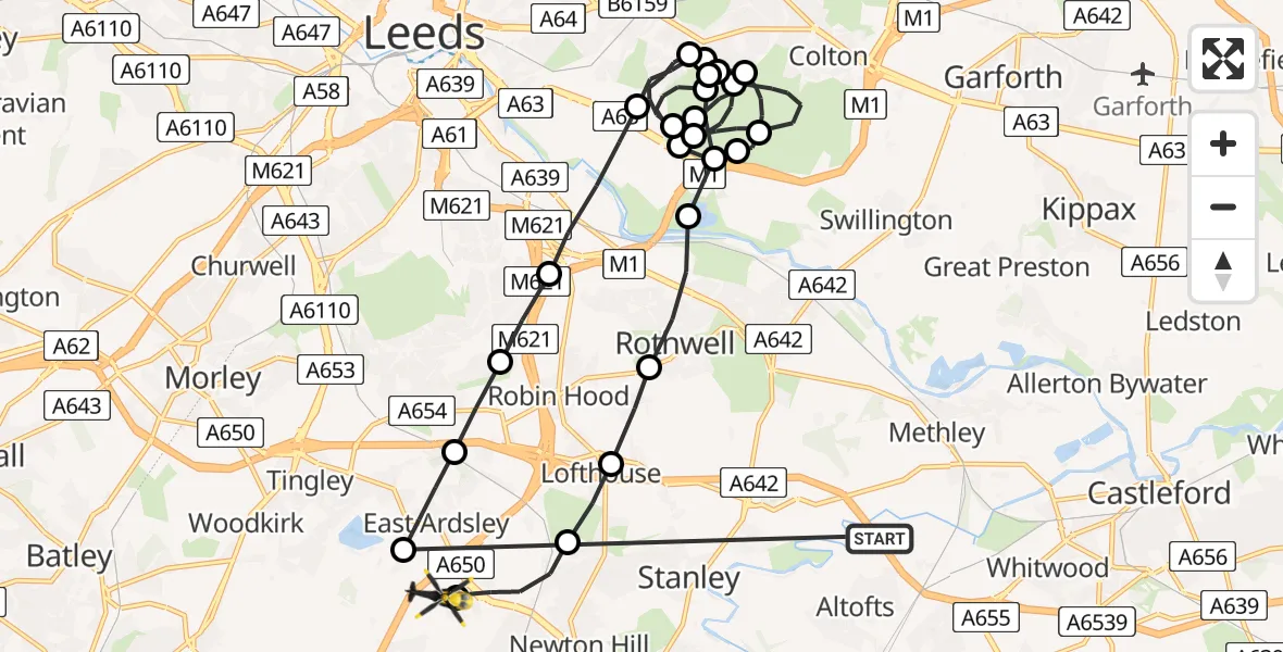 Flight route Police Helicopter Normanton and Altofts - East Ardsley, 24 June 2026, 00:18
