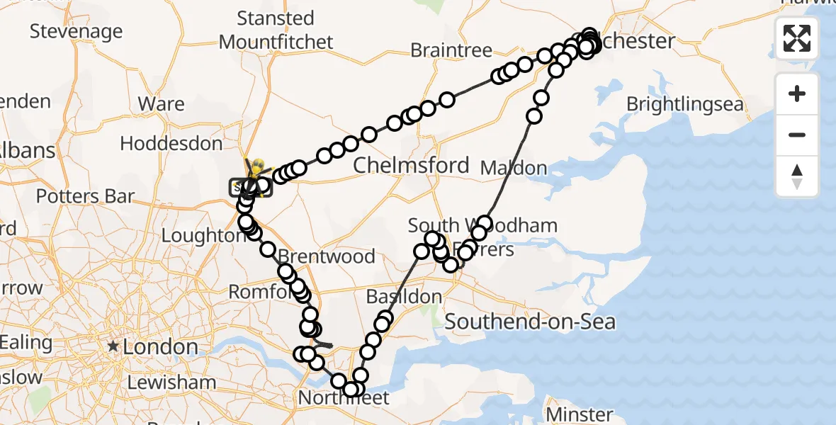 Flight route Police Helicopter Coopersale - North Weald Airfield, 24 June 2026, 00:31