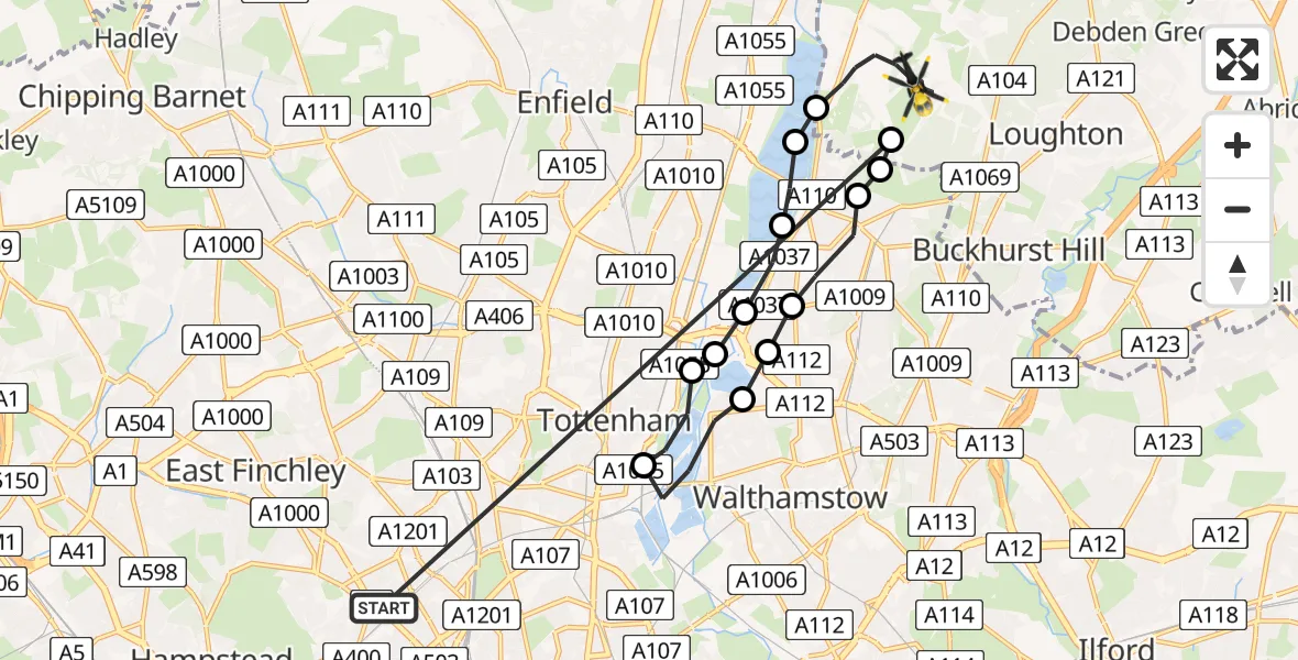 Flight route Police Helicopter Archway - Sewardstonebury, 24 June 2026, 02:10