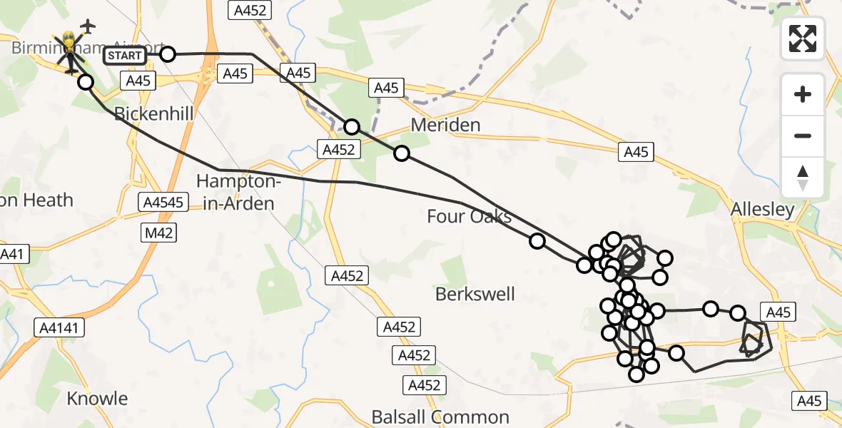 Flight route Police Helicopter Birmingham Airport - Birmingham Airport, 24 June 2026, 02:15