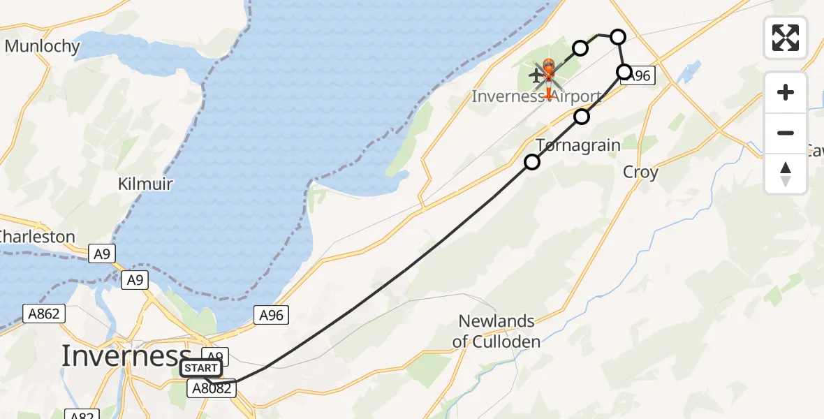 Flight route Coastguard Helicopter Inverness - Inverness Airport, 24 June 2026, 03:17