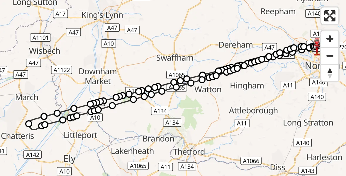 Flight route Air Ambulance Helicopter Norwich Airport - Norwich Airport, 24 June 2026, 04:06