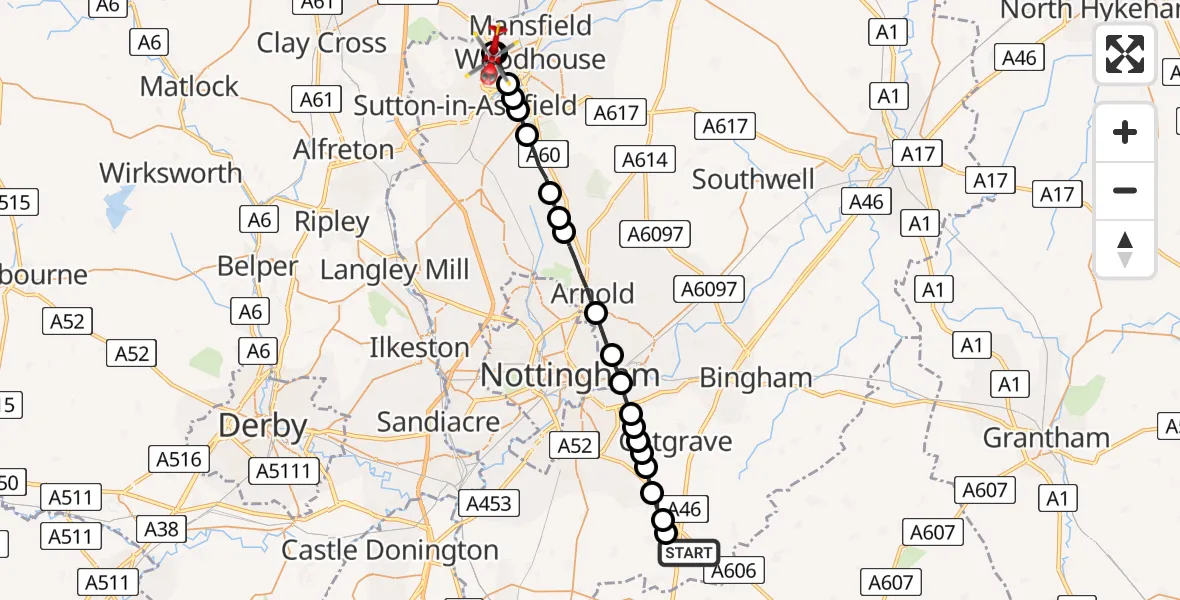 Flight route Air Ambulance Helicopter Hickling - Mansfield Woodhouse, 24 June 2026, 05:16