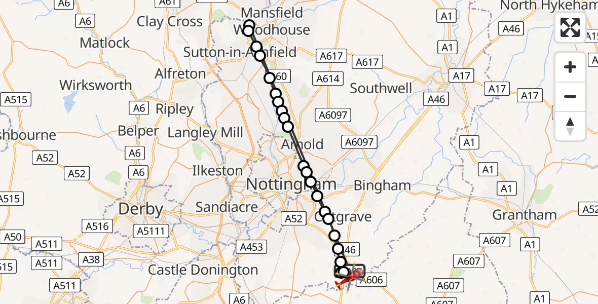 Flight route Air Ambulance Helicopter Hickling - Rushcliffe, 24 June 2026, 06:04
