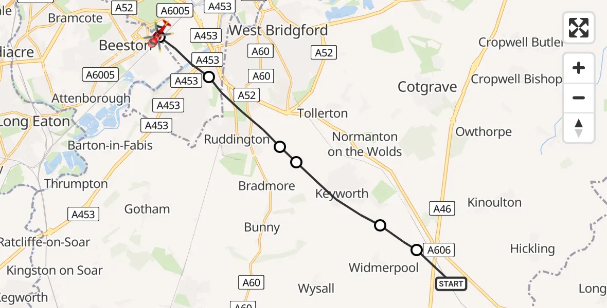 Flight route Air Ambulance Helicopter Hickling - Beeston, 24 June 2026, 06:45