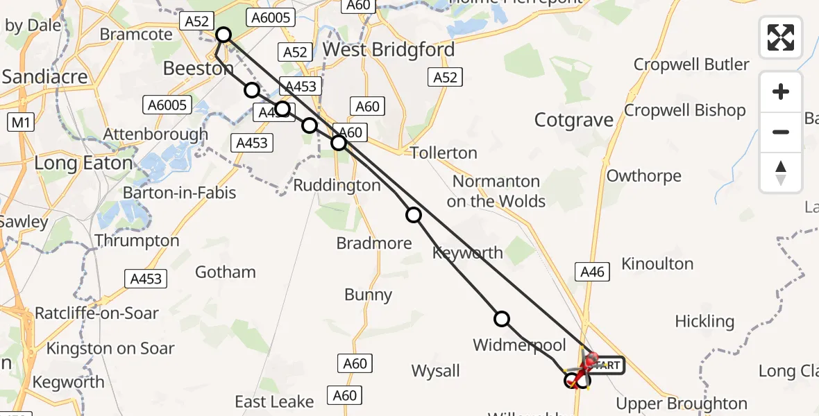 Flight route Air Ambulance Helicopter Hickling - Nottingham Heliport, 24 June 2026, 07:01