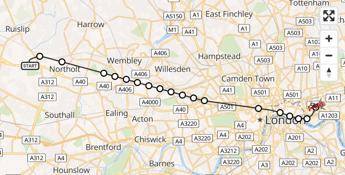 Flight route Air Ambulance Helicopter RAF Northolt - Royal London Hospital, 24 June 2026, 07:08