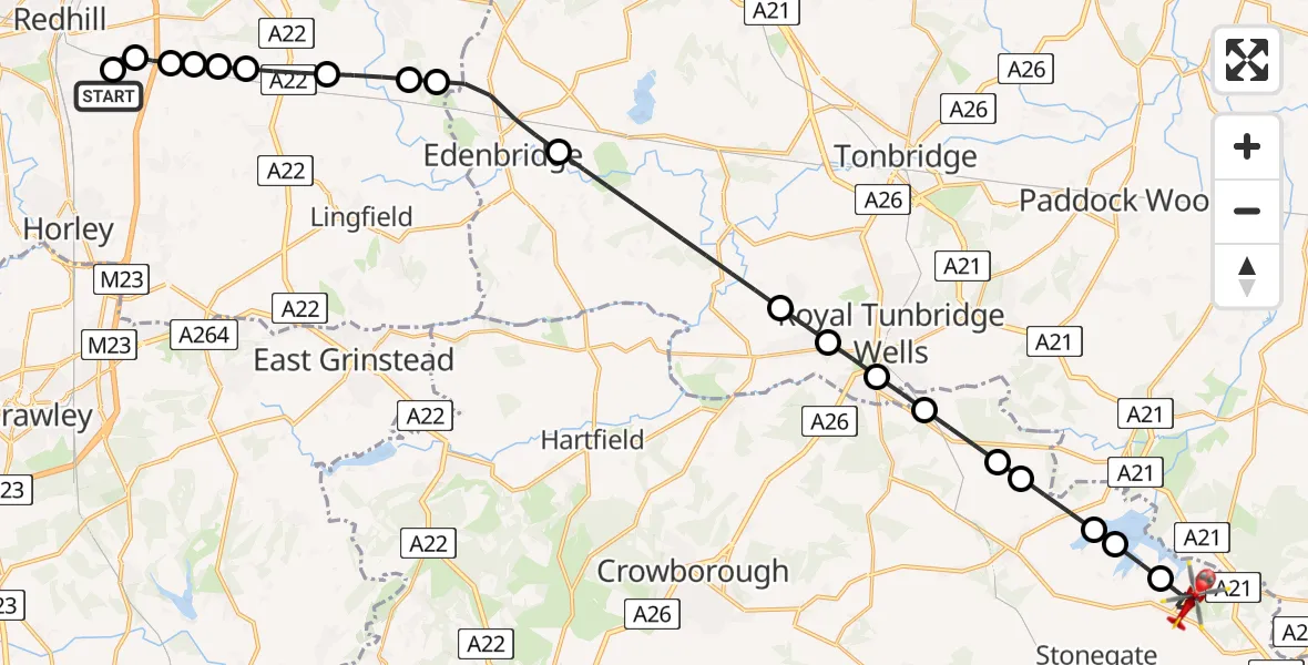Flight route Air Ambulance Helicopter Redhill Aerodrome - Ticehurst, 24 June 2026, 07:10