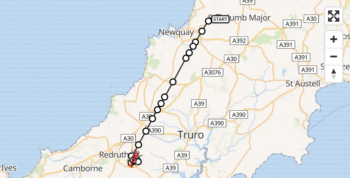 Flight route Air Ambulance Helicopter Cornwall Airport Newquay - Carharrack, 24 June 2026, 07:22