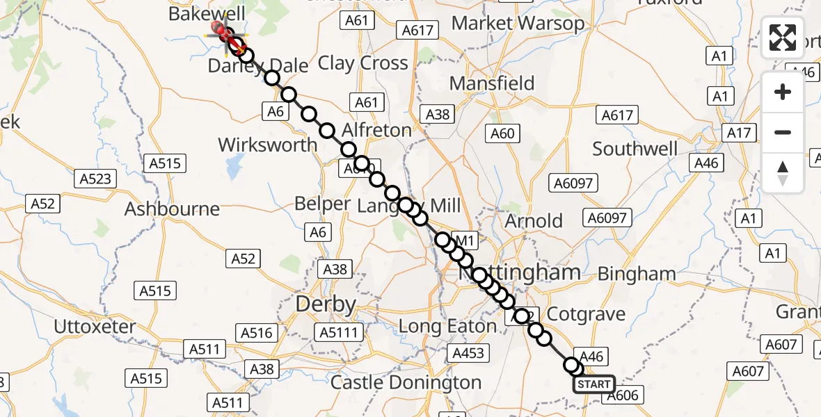 Flight route Air Ambulance Helicopter Hickling - Derbyshire Dales, 24 June 2026, 07:28