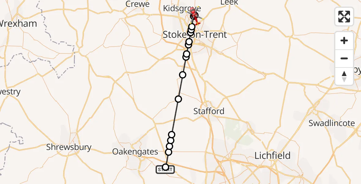Flight route Air Ambulance Helicopter RAF Cosford - Norton-Le-Moors, 24 June 2026, 07:37