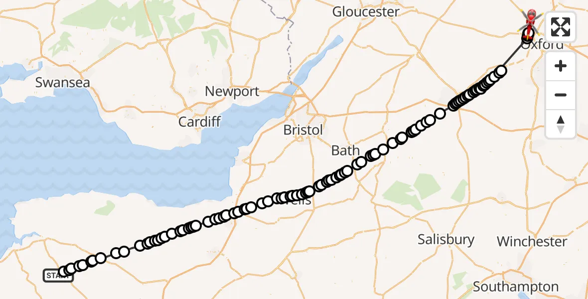 Flight route Air Ambulance Helicopter North Devon - Begbroke, 24 June 2026, 07:43