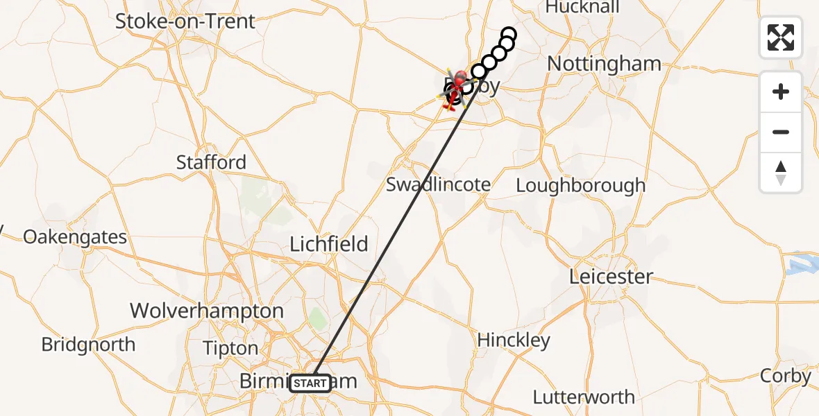 Flight route Air Ambulance Helicopter Highgate - Royal Derby Trauma Unit, 24 June 2026, 07:47