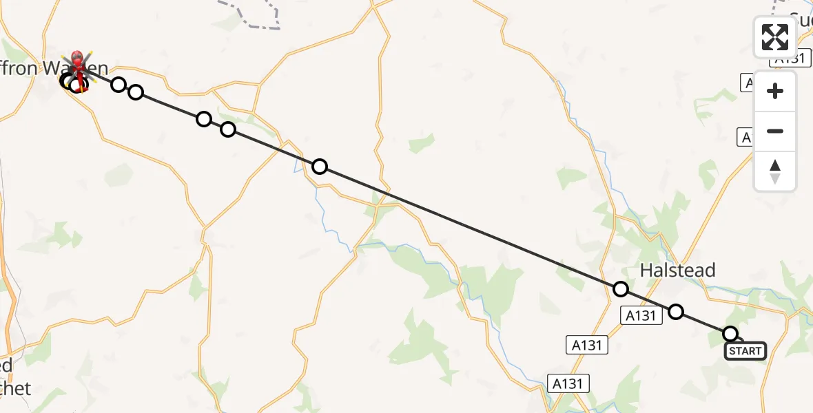 Flight route Air Ambulance Helicopter Earls Colne Airfield - Sewards End, 24 June 2026, 08:07