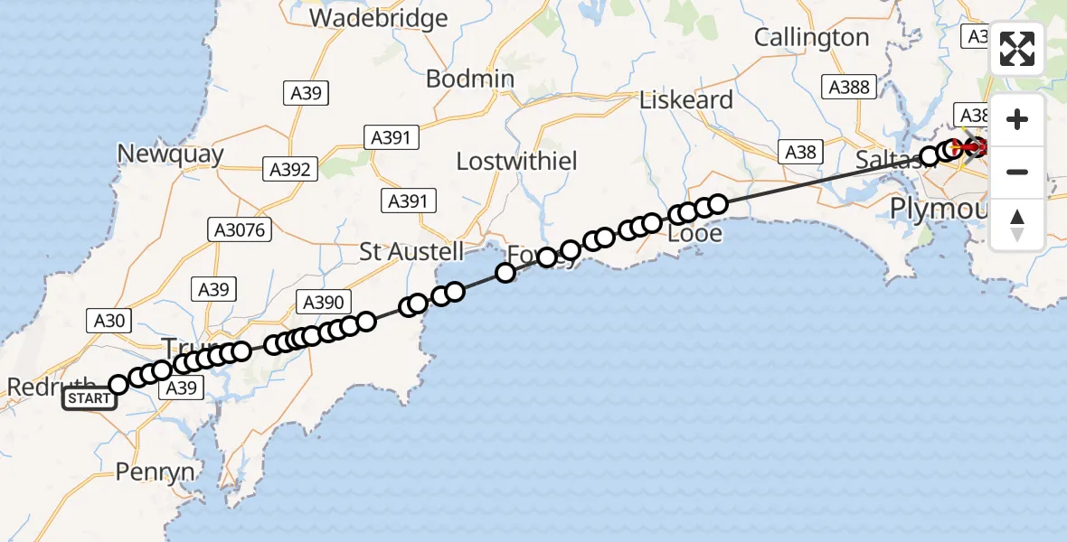 Flight route Air Ambulance Helicopter Carharrack - Derriford Hospital, 24 June 2026, 08:23