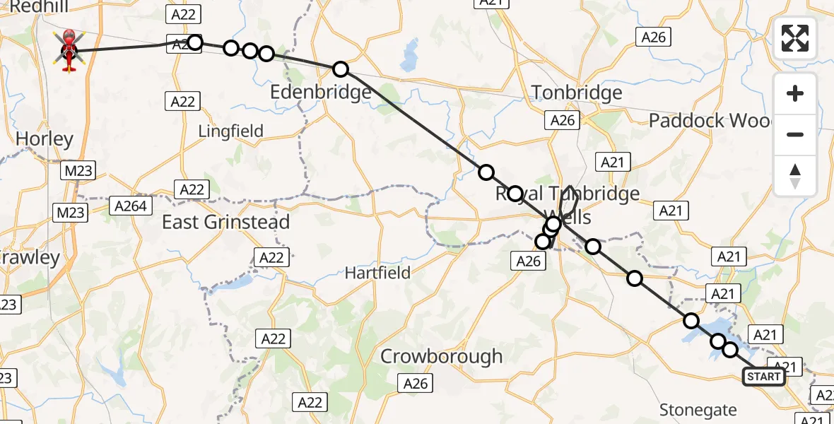Flight route Air Ambulance Helicopter Ticehurst - Redhill Aerodrome, 24 June 2026, 08:24