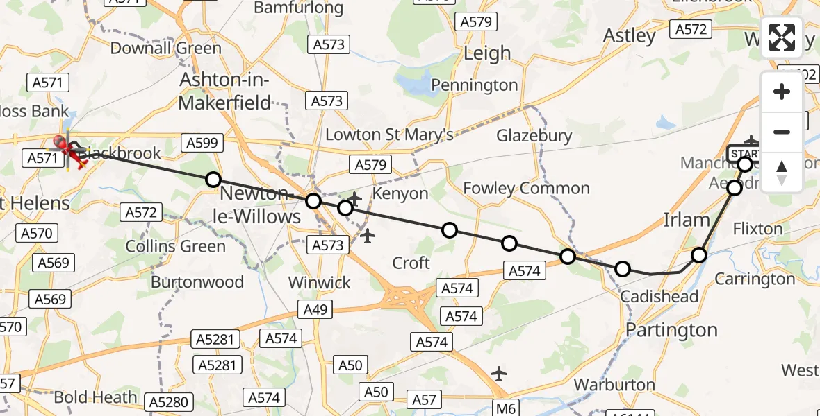 Flight route Air Ambulance Helicopter Manchester Barton Aerodrome - St Helens, 24 June 2026, 08:28
