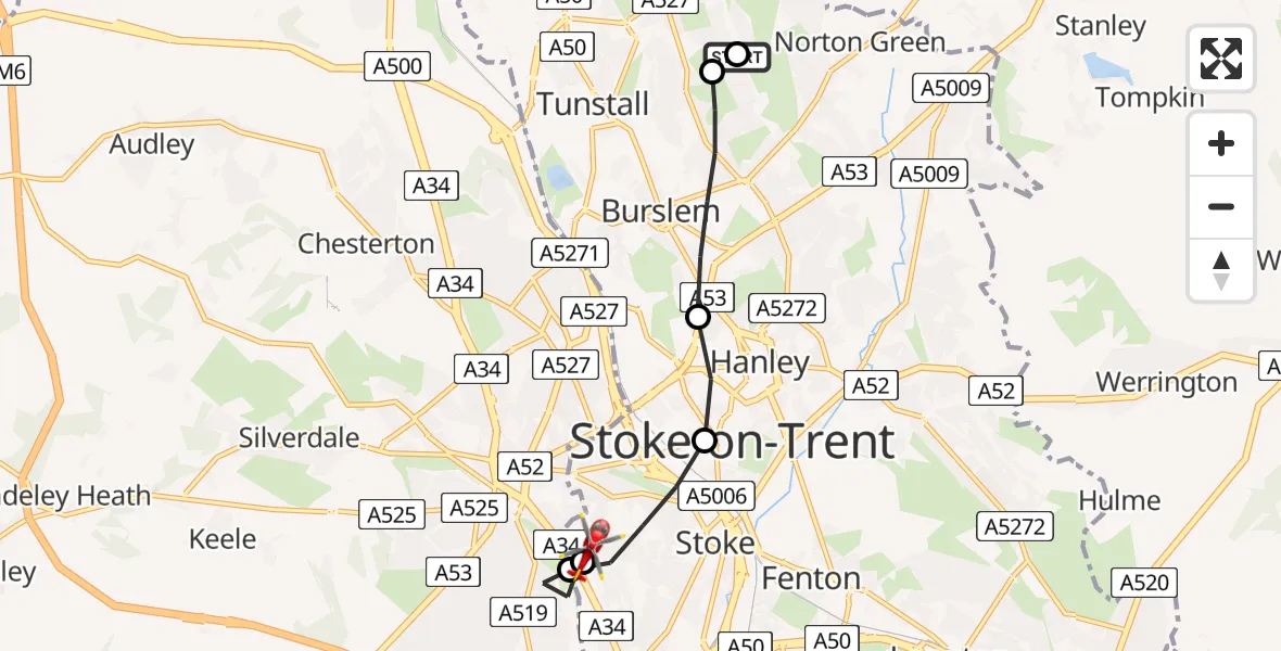 Flight route Air Ambulance Helicopter Norton-Le-Moors - University Hospital North Staffs, 24 June 2026, 08:47