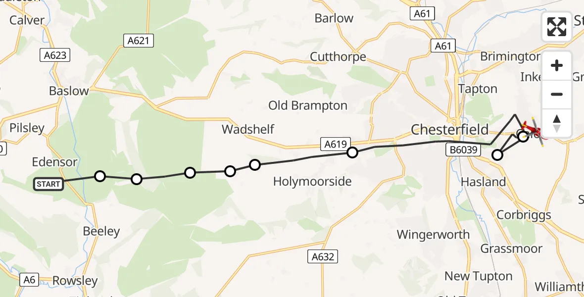 Flight route Air Ambulance Helicopter Edensor CP - Chesterfield, 24 June 2026, 08:52