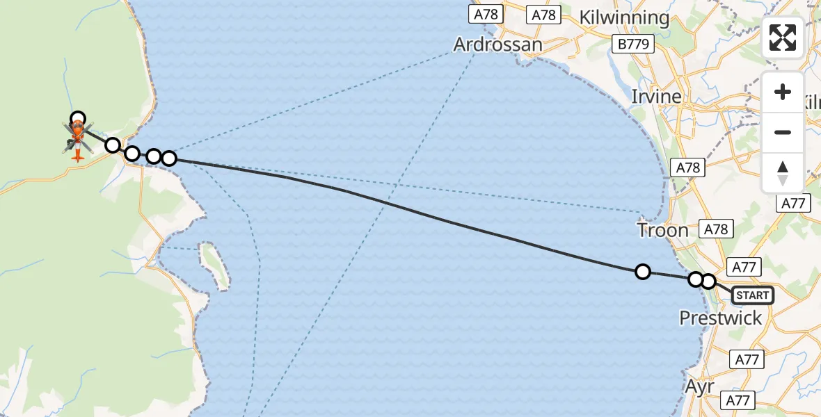 Flight route Coastguard Helicopter Glasgow Prestwick Airport - North Ayrshire, 24 June 2026, 08:55