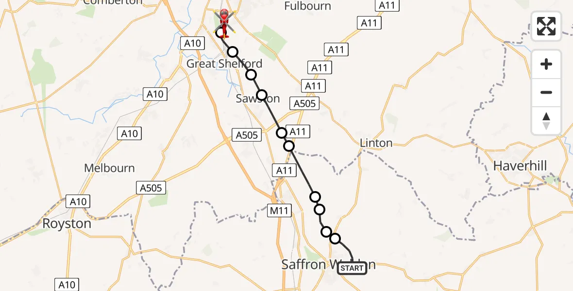 Flight route Air Ambulance Helicopter Sewards End - Papworth Hospital, 24 June 2026, 09:13