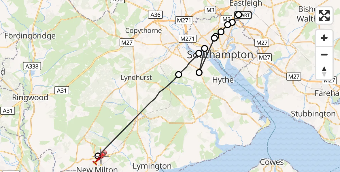 Flight route Air Ambulance Helicopter Southampton Airport - New Milton, 24 June 2026, 09:15