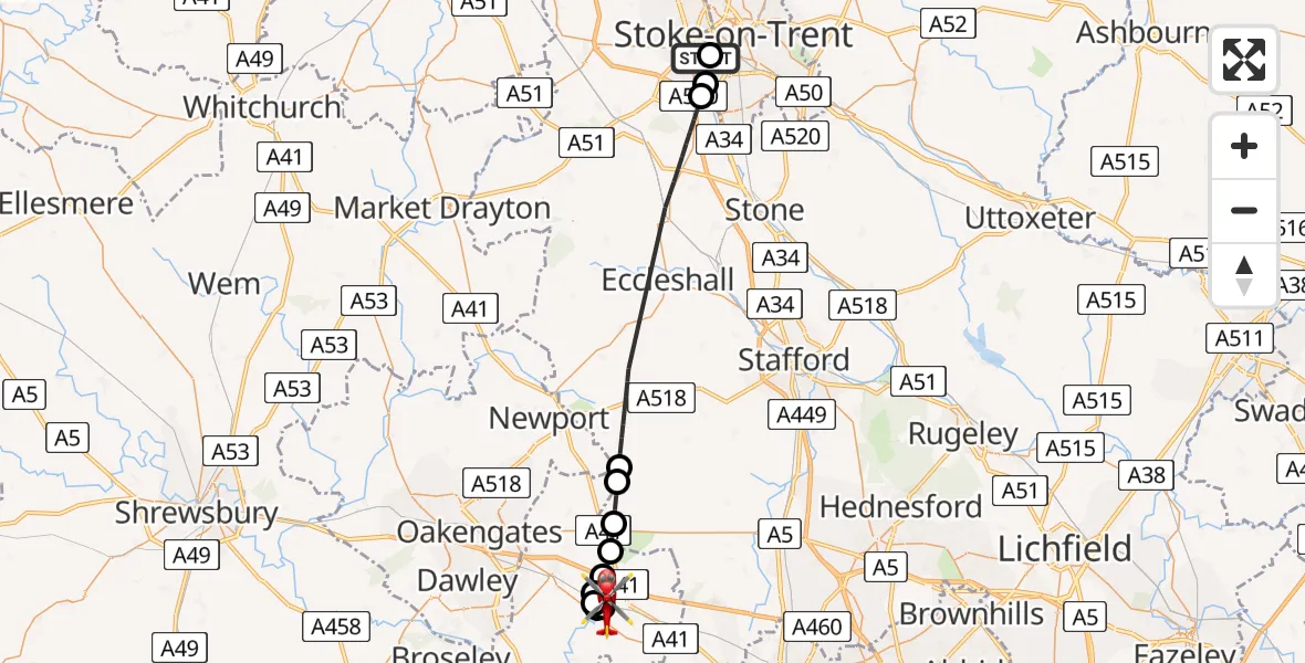 Flight route Air Ambulance Helicopter University Hospital North Staffs - Cosford, 24 June 2026, 09:16