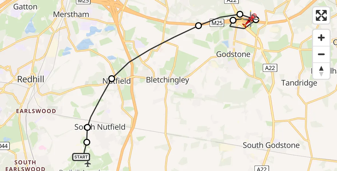 Flight route Air Ambulance Helicopter Redhill Aerodrome - Caterham, 24 June 2026, 09:47