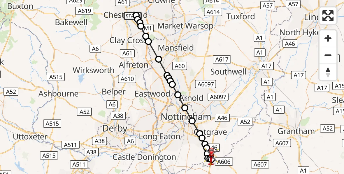 Flight route Air Ambulance Helicopter Chesterfield - Nottingham Heliport, 24 June 2026, 09:48