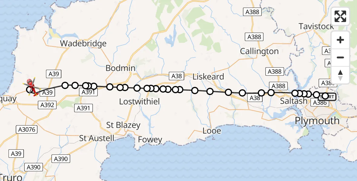 Flight route Air Ambulance Helicopter Derriford Hospital - Cornwall Airport Newquay, 24 June 2026, 10:00