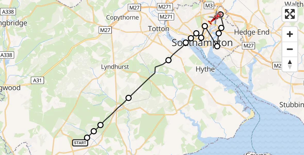 Flight route Air Ambulance Helicopter New Milton - Bitterne Park, 24 June 2026, 10:08