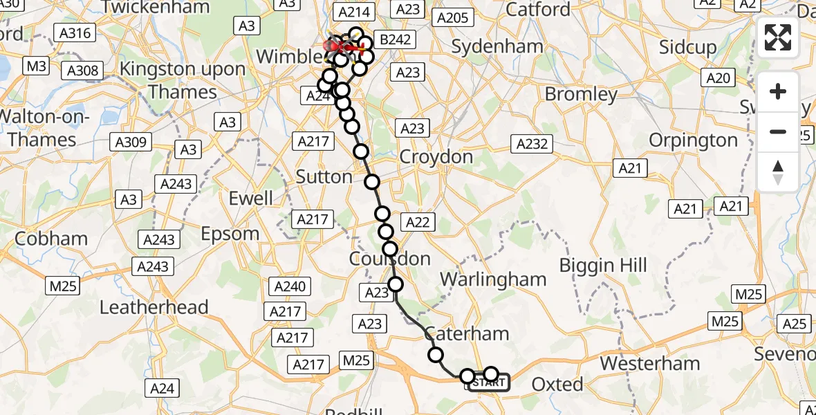 Flight route Air Ambulance Helicopter Godstone - St Georges Hospital, 24 June 2026, 10:29