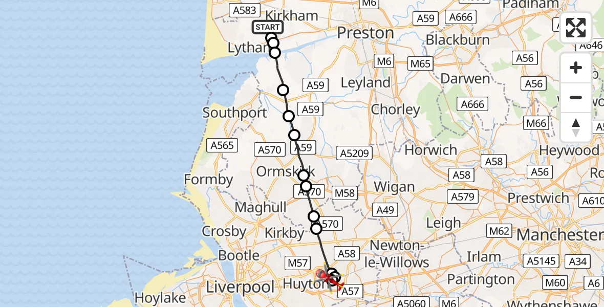 Flight route Air Ambulance Helicopter Wrea Green - Whiston, 24 June 2026, 10:49