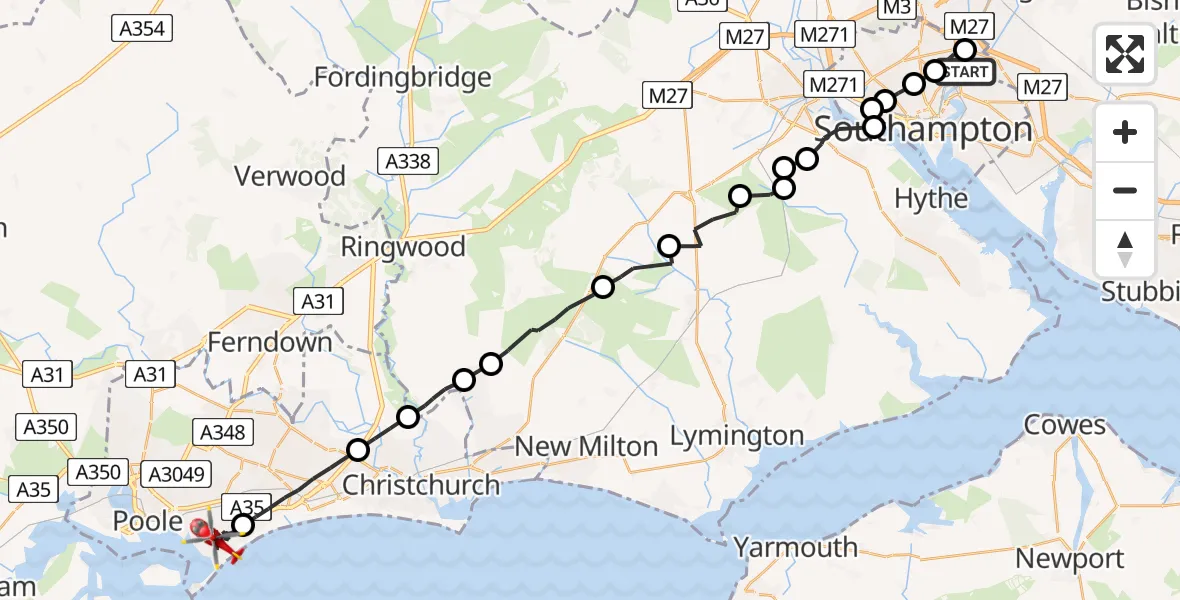 Flight route Air Ambulance Helicopter Bitterne Park - Poole, 24 June 2026, 10:53
