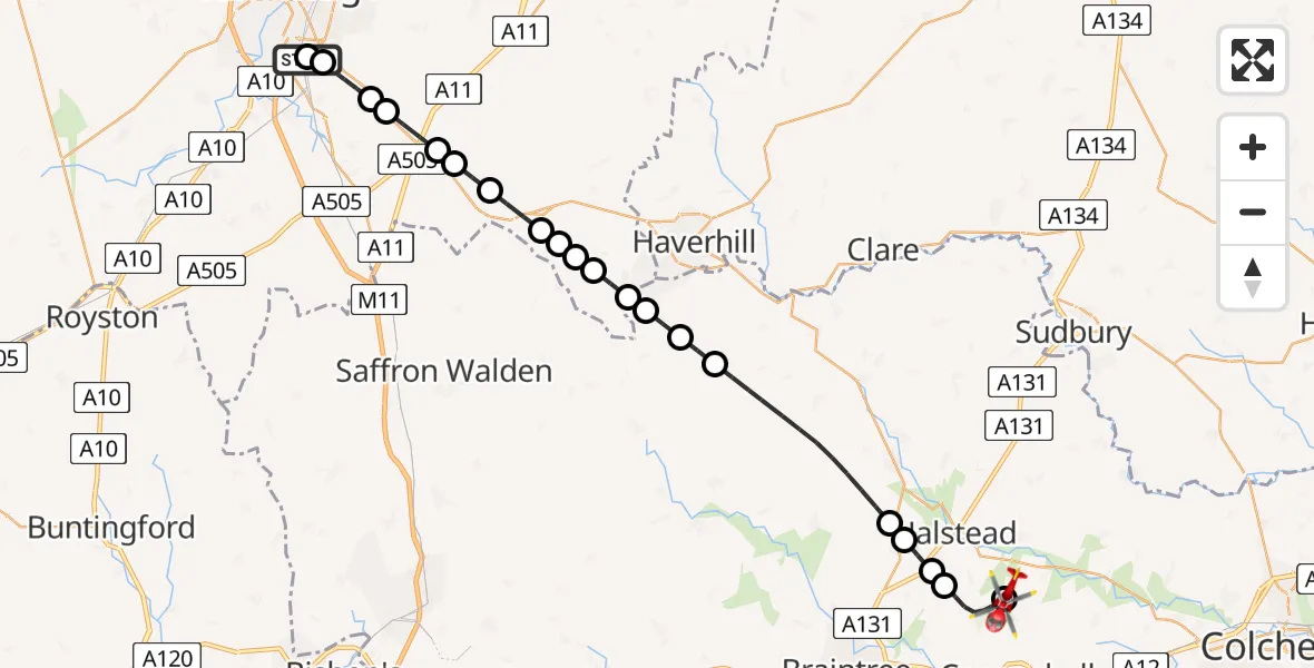Flight route Air Ambulance Helicopter Papworth Hospital - Earls Colne Airfield, 24 June 2026, 10:59