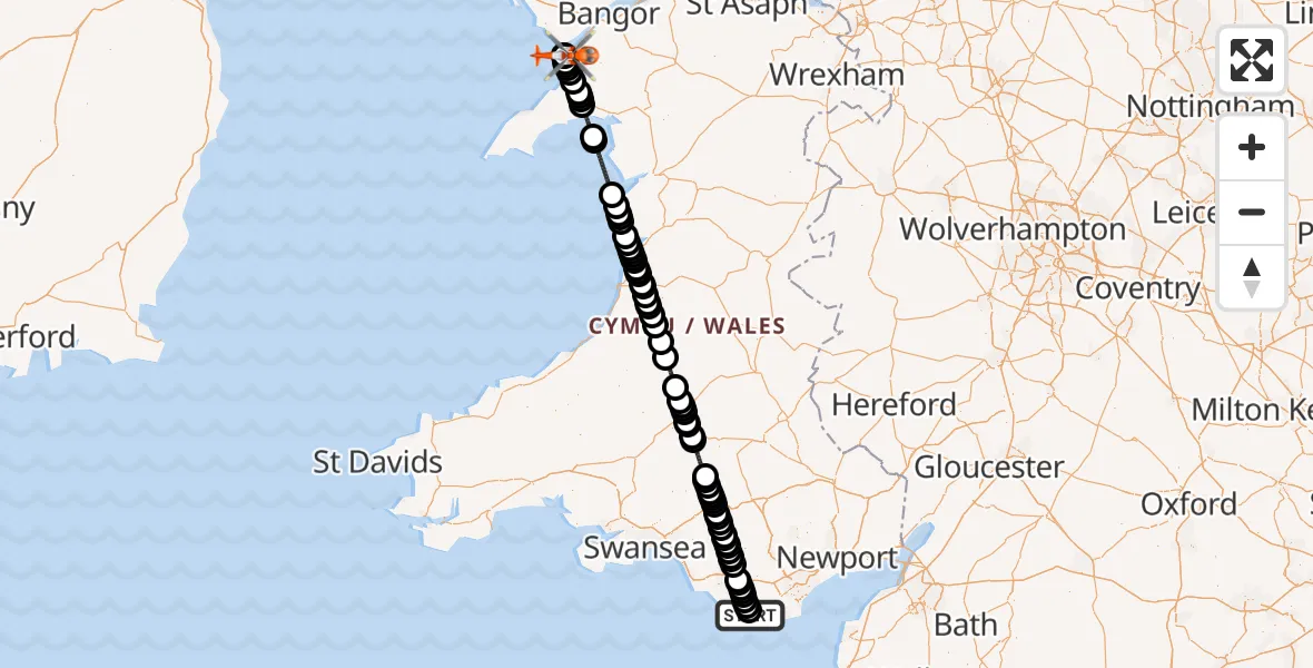 Flight route Coastguard Helicopter MOD St Athan - Caernarfon Airport, 24 June 2026, 11:02